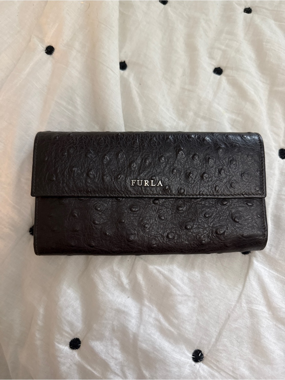 Furla Dark Brown Ostrich-Texture Leather Continental Wallet